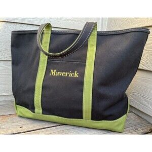 L.L. Bean Boat and Tote Canvas Bag Zip Top Black/Green Embroidered 225047